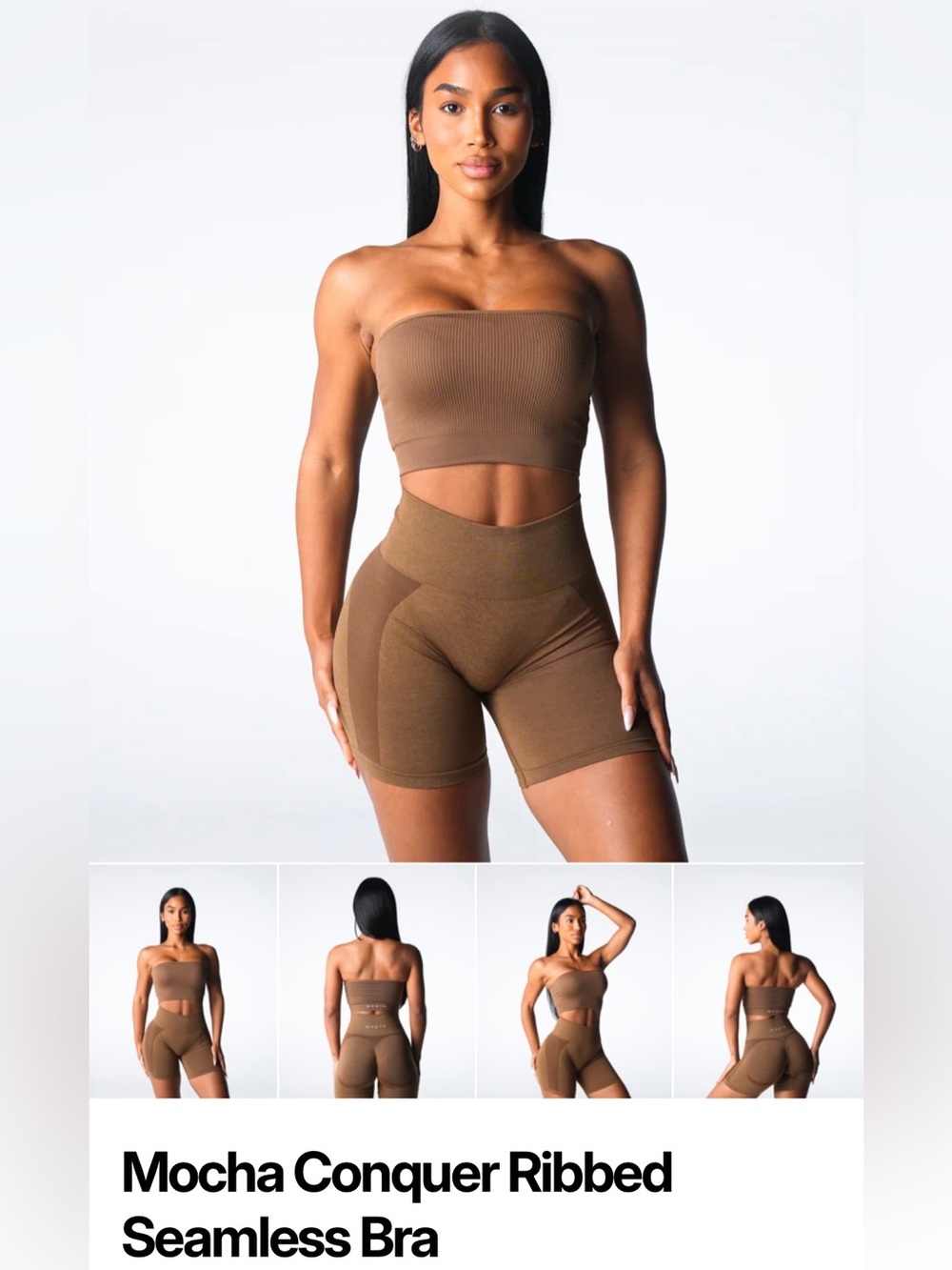 Seamless Ribbed Bandeau & High-Waist Bike Shorts Set - Brown